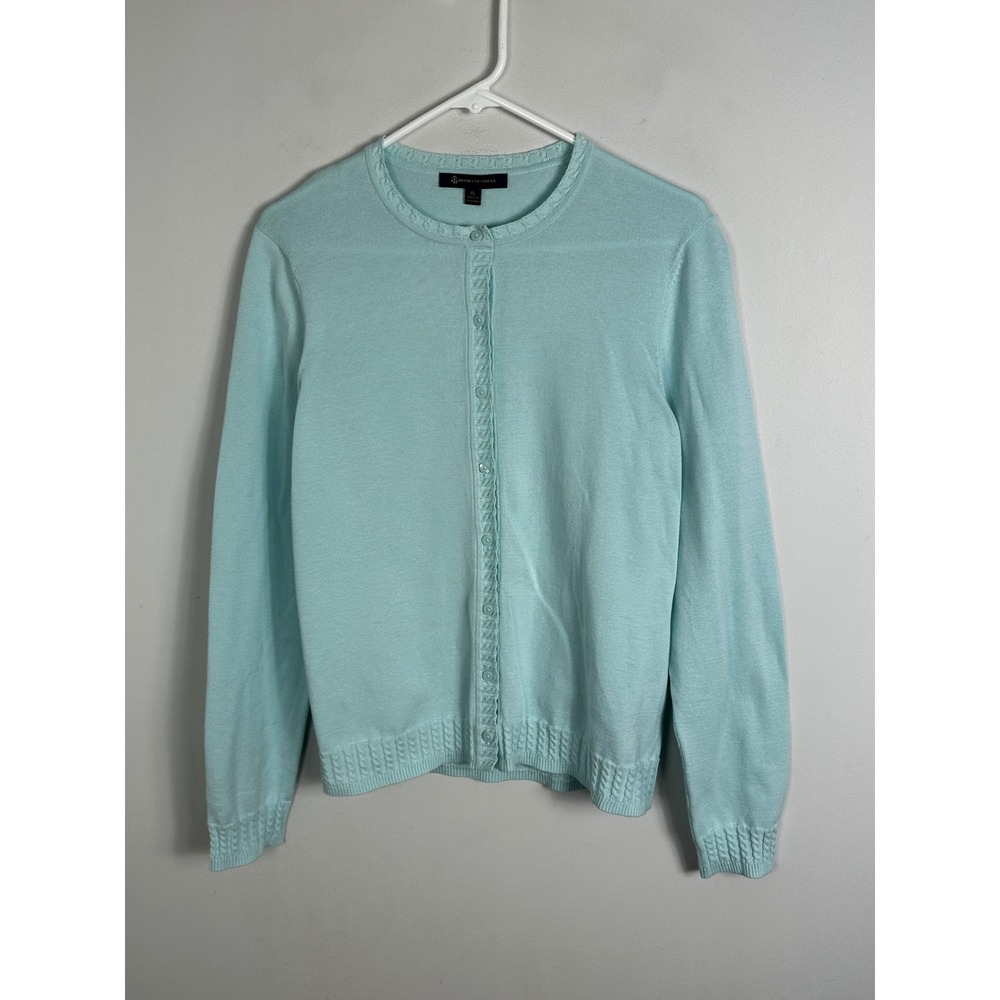 Brooks Brothers Blue Cardigan Sweater Womens Sz XL Cable Knit Trim Pastel Cotton